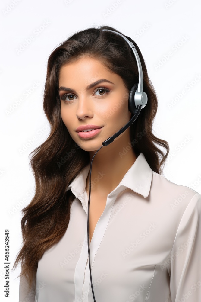 Call center woman on white background. Generative AI Call center woman on white background. Generative AI