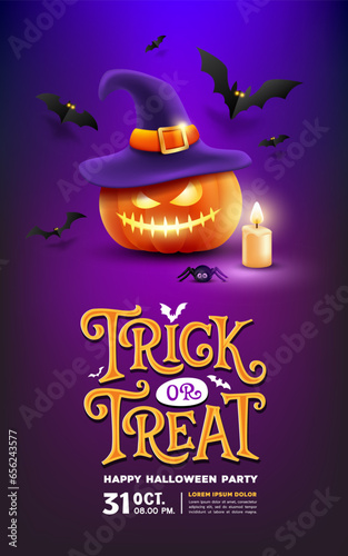 Happy Halloween, trick or treat text, pumpkins wearing a purple hat, candel and spider, bat flying, poster design on purple background, Eps 10 vector illustration
