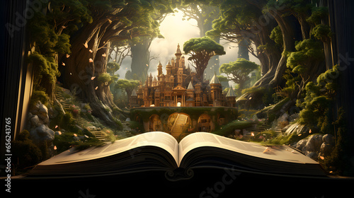 Opened magic book with fantasy elements. Concept on the topic of fantasy