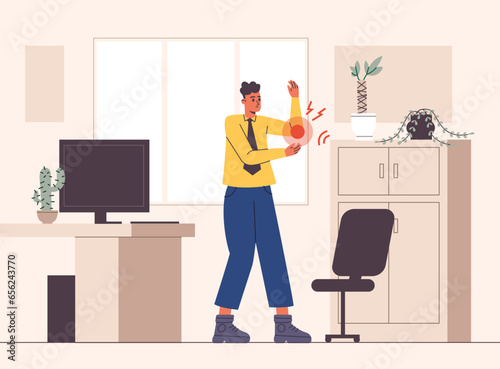 Guy suffers pain at home. Cartoon man hurt his elbow. Workplace injury. Joint ache. Unhappy person touching hurting hand. Office trauma. Illness symptom. Vector traumatology concept