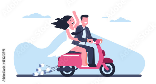 Happy young bride and groom riding scooter with cans. People driving moped. Romantic dating. Wedding celebration. Motorcycle trip. Honeymoon travel. Newlyweds journey. Vector concept
