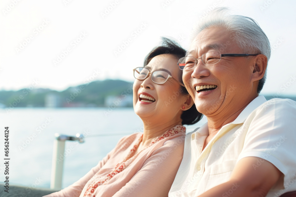 An elderly couple is sitting on a boat or yacht in the ocean. They look at the waves and hug. Sea voyage, vacation. Love and romance of older people An elderly couple is sitting on a boat or yacht in the ocean. They look at the waves and hug. Sea voyage, vacation. Love and romance of older people