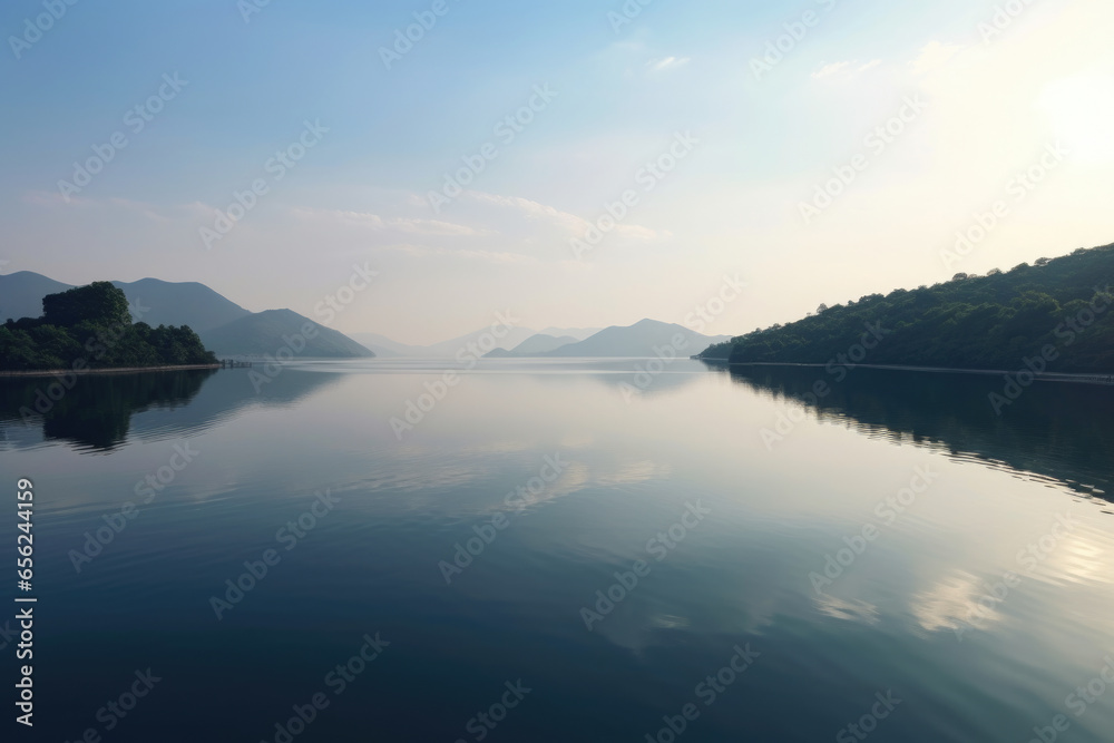 Fototapeta premium Tranquil scene of large body of water with majestic mountains in background. Perfect for nature enthusiasts and travel brochures.