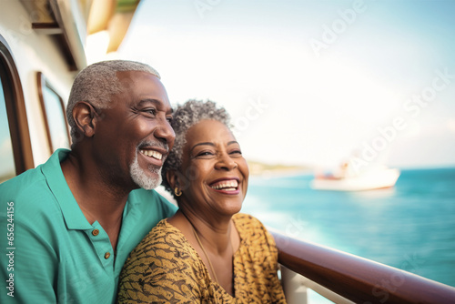 Fotografia An elderly dark-skinned couple on the deck of a ship or liner against the backdrop of the sea
