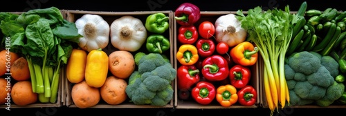 Fresh vegetables in cardboard boxes on market.