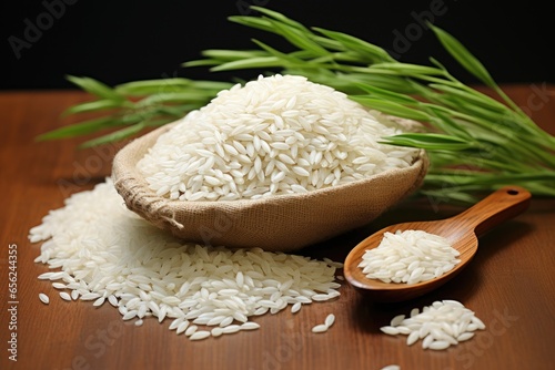 Raw rice grain and dry rice plant on wooden table
