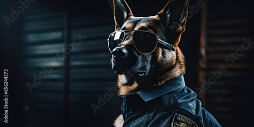 Mean looking German shepherd working as a security officer or cop, wearing sunglasses and uniform shirt. Guarding dog concept