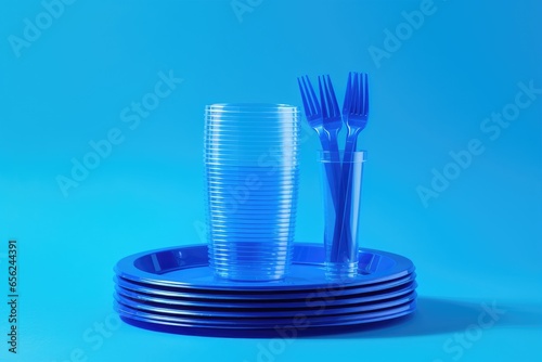 A set of disposable plastic utensils. The concept of ecology and recycling of plastic waste.