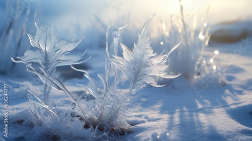 Winter scenery with frosty ice flowers, snow, and crystals