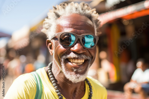Picture of man with dreadlocks and sunglasses smiling for camera. This image can be used to portray happy and confident individual with unique style.