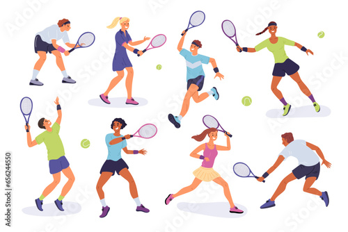 People play lawn tennis. Professional athletes with rackets in hands. Guys and girls submit or hit balls. Sportsman at match court. Sport competition and hobby game. Garish vector set