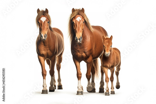 Image of family group of brown horses on white background. Wildlife Animals. Illustration, Generative AI.