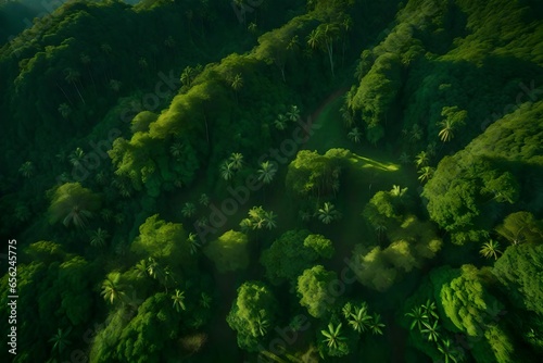 An areal view of a jungle with tropical trees covered with clouds - AI Generative