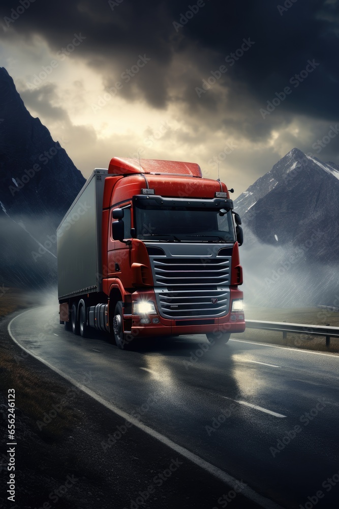 Logistics import export and cargo transportation industry concept of Container Truck run on highway road at sunset blue sky background. Generative AI - obrazy, fototapety, plakaty 