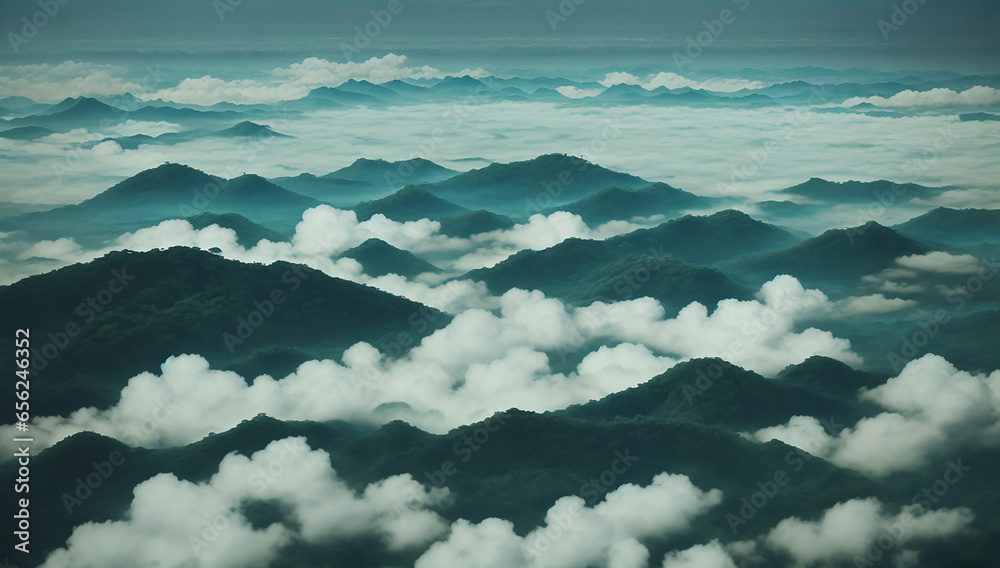 An areal view of a jungle with tropical trees covered with clouds - AI Generative An areal view of a jungle with tropical trees covered with clouds - AI Generative