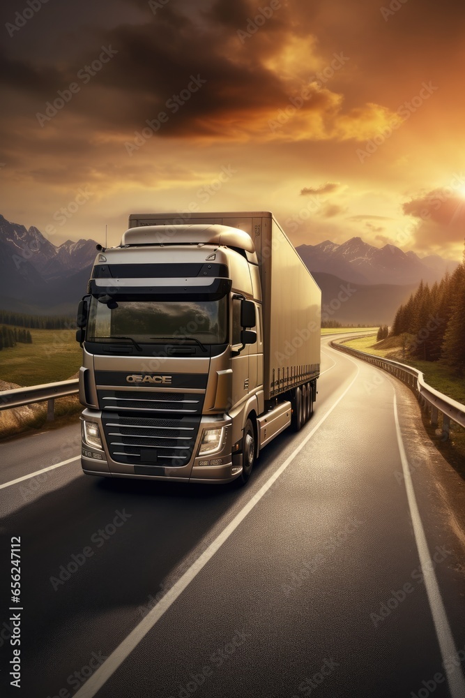 Logistics import export and cargo transportation industry concept of Container Truck run on highway road at sunset blue sky background. Generative AI