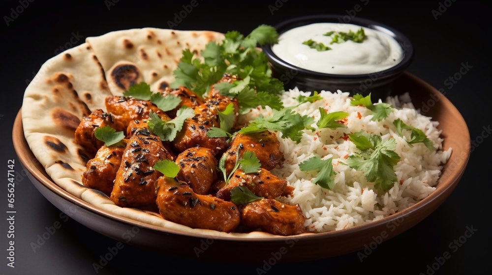 Traditional Indian dish Chicken tikka masala with spicy curry meat in bowl, basmati rice, bread naan on dark background. Indian style dinner. AI generated Traditional Indian dish Chicken tikka masala with spicy curry meat in bowl, basmati rice, bread naan on dark background. Indian style dinner. AI generated