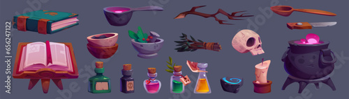 Witch or wizard magic elements set. Cartoon vector illustration set of spiritual books and glass bottles with potion, cauldron with mystery liquid, ingredients and equipment for brewing medicine.