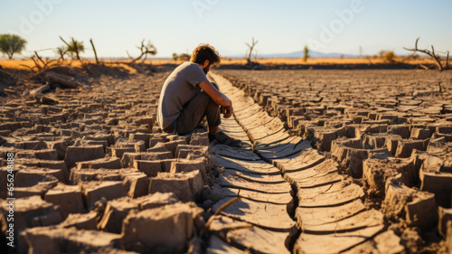 man who looks thirsty are sitting in despair because of the drought. a world without water.,generative AI photo
