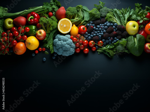 Fruits and vegetables on a dark blue table