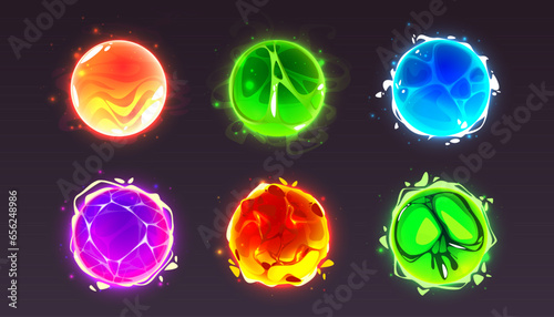 Magic energy effect ball, crystal orb power icon. Circle light glow sphere. Fantasy lava fireball. Witch lightning electric element. Green fortune abstract bubble with plasma for toxic spell 2d ui set photo