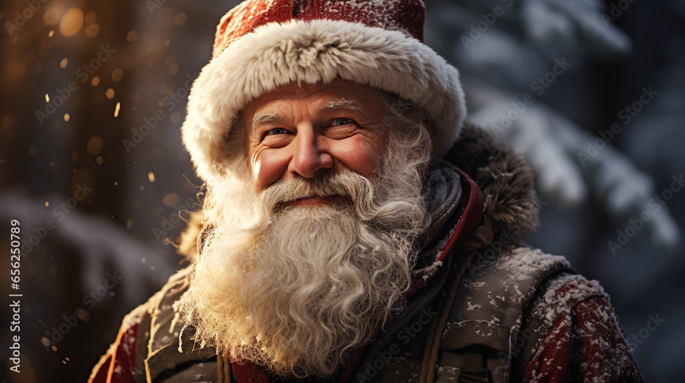 happy man in a red suit and Santa Claus hat in winter in the forest. Christmas and New Year greeting card happy man in a red suit and Santa Claus hat in winter in the forest. Christmas and New Year greeting card