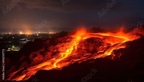 Volcanic eruption at night