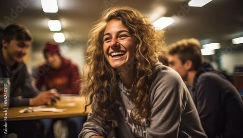 smiling young woman sitting in a coffee shop with a group of people in the background photo