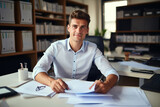  young successful businessman sitting at workplace, office background