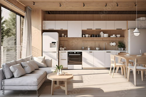 Stylish spacious kitchen and living room with refrigerator and washing machine overlooking cozy dining area with wooden ceiling next to open balcony on sunny day. Concept of modern design solutions