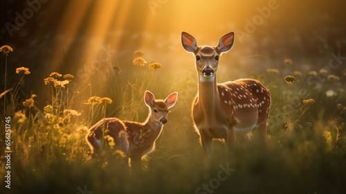 Dear with his kid in the forest during sunlight photo