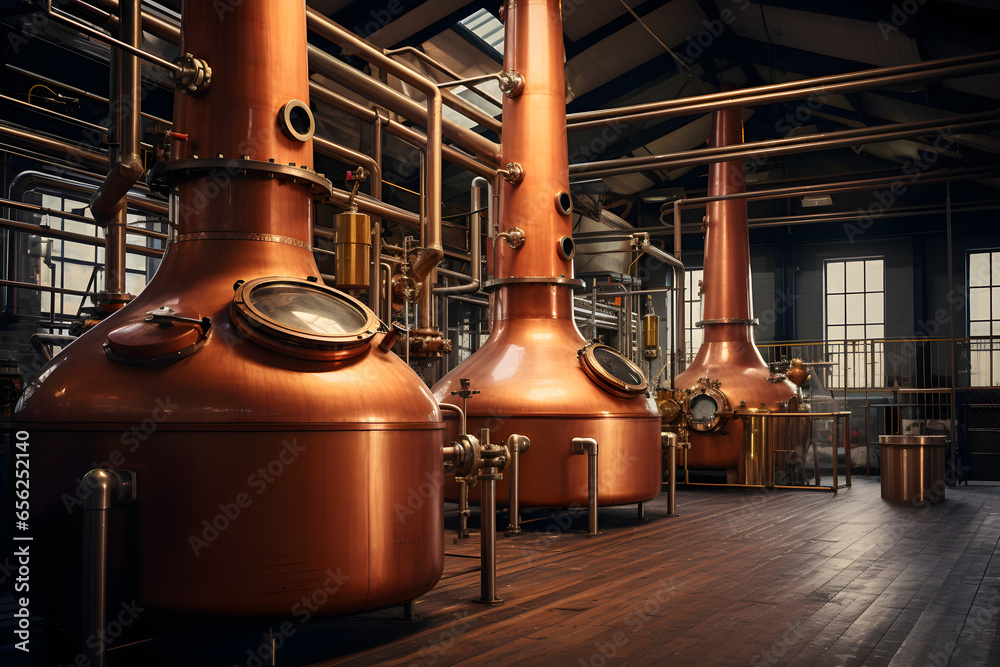 traditional whiskey distillery with copper stills - obrazy, fototapety, plakaty 