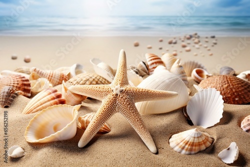 Sea shells and starfish on the beach. Generative AI