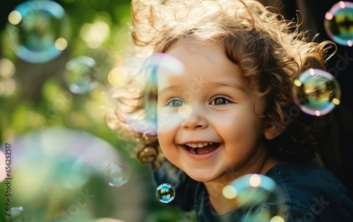 A joyful child playing with soap bubbles. Generative AI