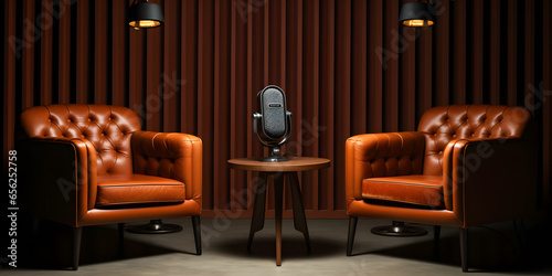 two chairs and microphones in podcast or interview room on dark background as a wide banner for media conversations or podcast streamers concepts with copyspace photo