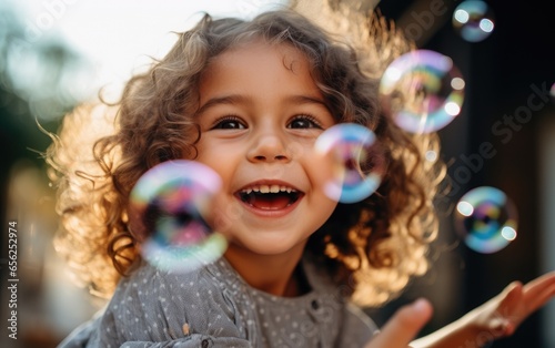 A joyful child playing with soap bubbles. Generative AI