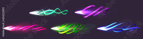 Game arrow with vfx motion and glow effect. Cartoon vector illustration set of missile trail or shooting star magic trace. Fantastic ribbon light trail with neon shine, steam and dust particles.