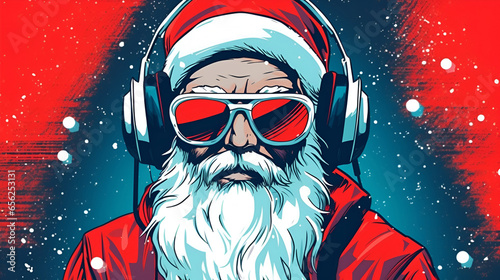 Illustration of Santa Claus DJ in headphones on a red background 2