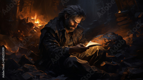 A person reading book and fire in backside