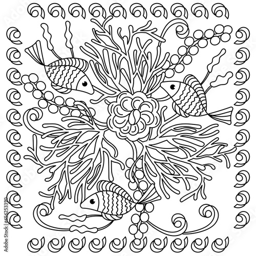 Doodle of the underwater world . Square background Fish and plants. Coloring book page for adult. Monochrome. Aquariums. Marine vector motif .