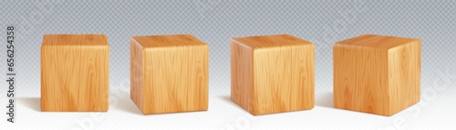 Wooden cube block realistic 3d vector illustration set. square platform or toy brick with wood texture. Cubic game 6 sides dice or education kid box element or rectangular podium and pedestal.