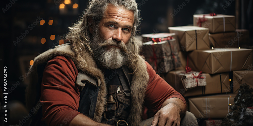 brutal bearded muscular man in Santa Claus costume. Greeting Card banner for Christmas and New Year