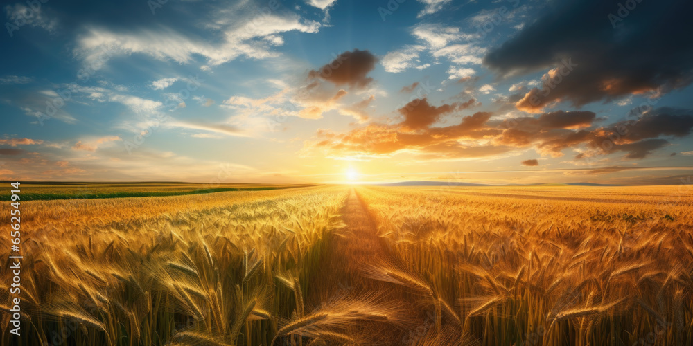 A beautiful field of organic wheat crops at sunrise, Picture for harvesting season on local farm - obrazy, fototapety, plakaty 