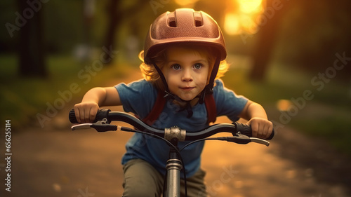A child boy in bicycle helmet riding a bicycle for the first time.