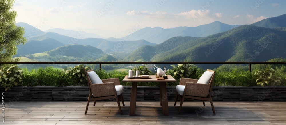 Decorate with rattan furniture outdoors with a mountain view