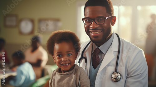 African male pediatrician holds stethoscope examination of children.