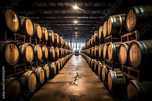 whiskey barrels in ageing facility