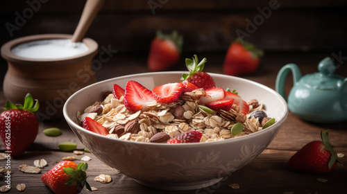A bowl of muesli with strawberry as a breakfast meal 