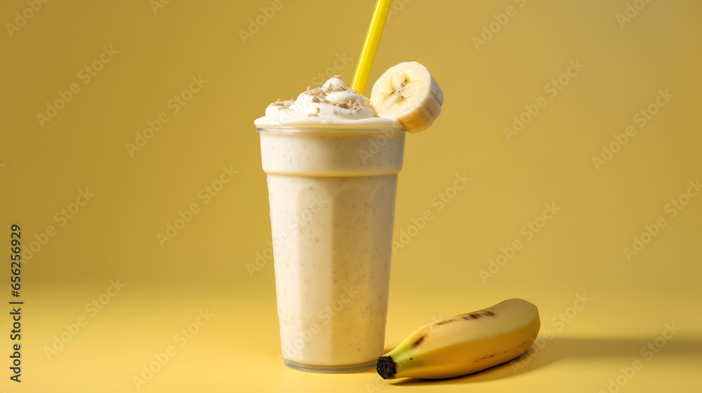Milkshake à la Banane, focus en gros plan avec fond uni - obrazy, fototapety, plakaty 