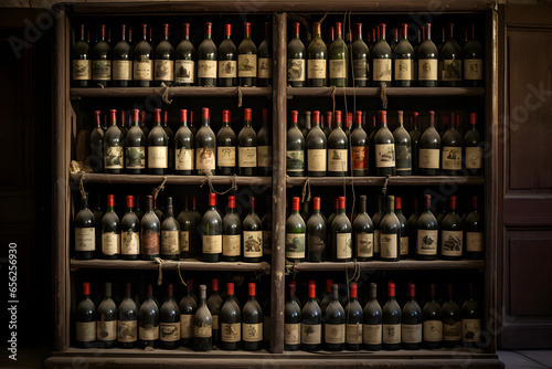 vintage wine bottles on old shelf